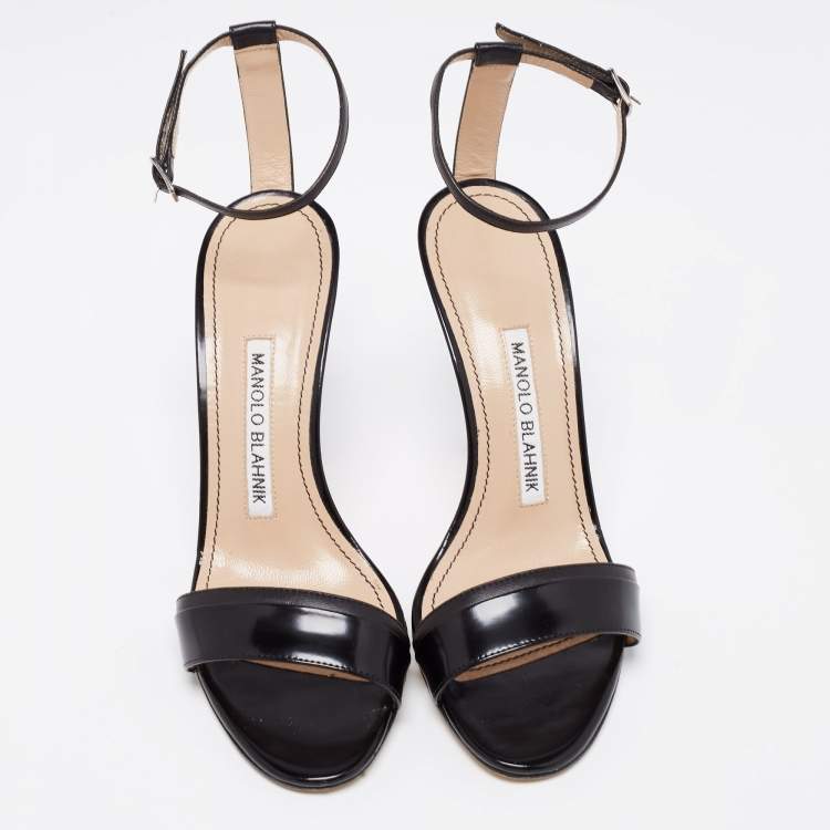 Pre Owned Manolo Blahnik Black Leather Spezia Ankle-Strap Sandals Size 35.5