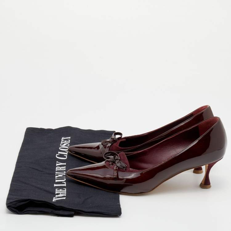 Pre Owned Manolo Blahnik Burgundy Suede And Patent Leather Pointed Toe  Pumps Size 35.5