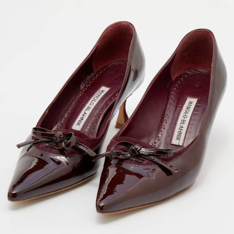 Pre Owned Manolo Blahnik Burgundy Suede And Patent Leather Pointed Toe  Pumps Size 35.5