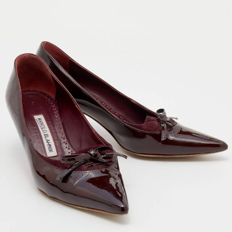 Pre Owned Manolo Blahnik Burgundy Suede And Patent Leather Pointed Toe  Pumps Size 35.5