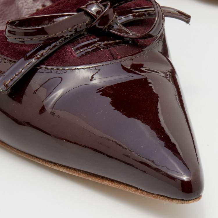 Pre Owned Manolo Blahnik Burgundy Suede And Patent Leather Pointed Toe  Pumps Size 35.5
