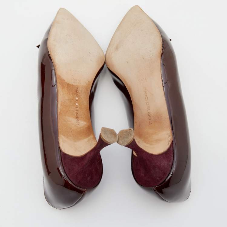Pre Owned Manolo Blahnik Burgundy Suede And Patent Leather Pointed Toe  Pumps Size 35.5