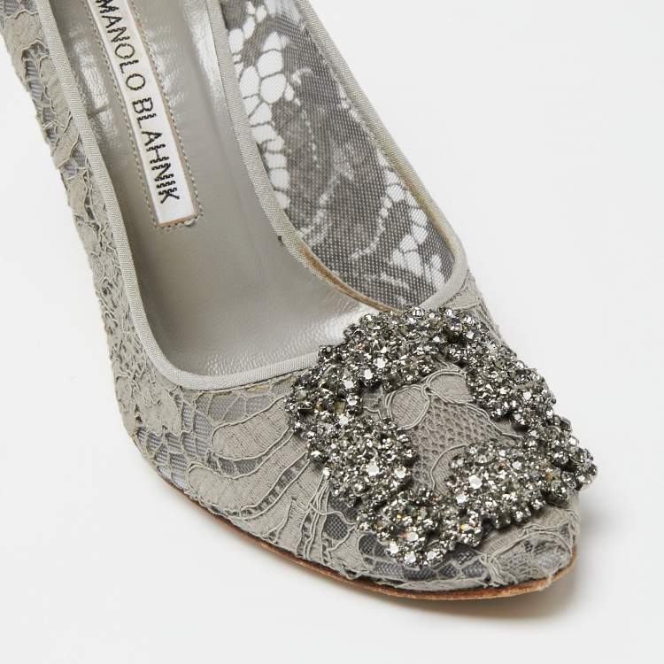 Pre Owned Manolo Blahnik Grey Lace Hangisi Pumps Size 35