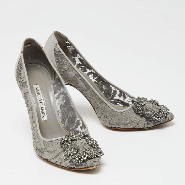 Pre Owned Manolo Blahnik Grey Lace Hangisi Pumps Size 35
