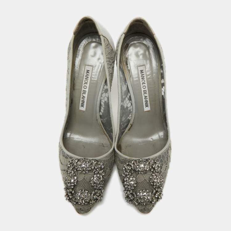 Pre Owned Manolo Blahnik Grey Lace Hangisi Pumps Size 35