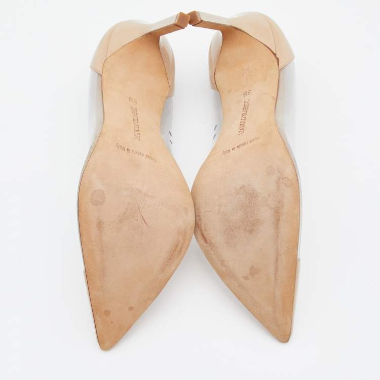 Pre Owned Manolo Blahnik Beige Patent Leather And PVC Pointed Toe Pumps Size 38