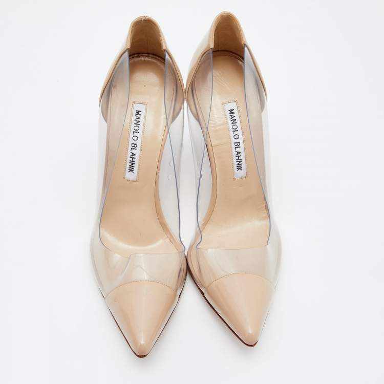 Pre Owned Manolo Blahnik Beige Patent Leather And PVC Pointed Toe Pumps Size 38