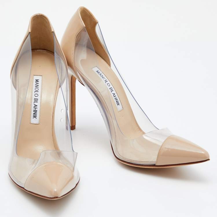 Pre Owned Manolo Blahnik Beige Patent Leather And PVC Pointed Toe Pumps Size 38