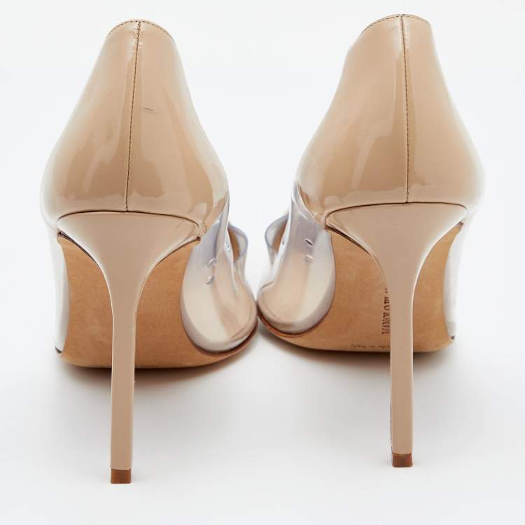 Pre Owned Manolo Blahnik Beige Patent Leather And PVC Pointed Toe Pumps Size 38
