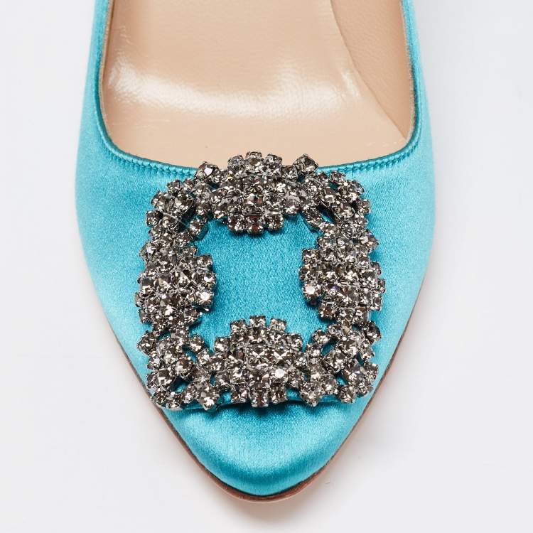 Pre Owned Manolo Blahnik Aqua Blue Satin Crystal Embellished Hangisi Pointed Toe Pumps Size 37.5