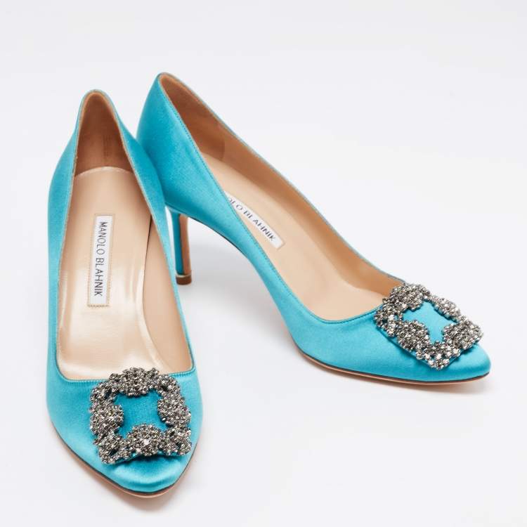 Pre Owned Manolo Blahnik Aqua Blue Satin Crystal Embellished Hangisi Pointed Toe Pumps Size 37.5