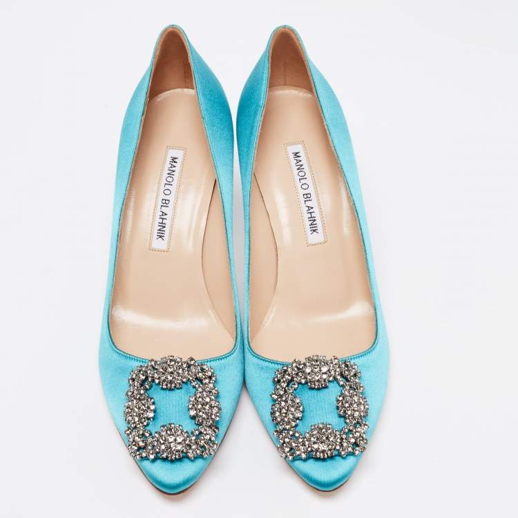 Pre Owned Manolo Blahnik Aqua Blue Satin Crystal Embellished Hangisi Pointed Toe Pumps Size 37.5
