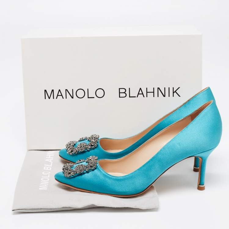 Pre Owned Manolo Blahnik Aqua Blue Satin Crystal Embellished Hangisi Pointed Toe Pumps Size 37.5