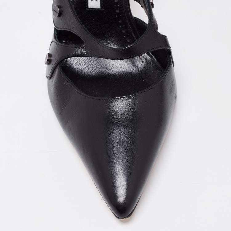 Pre Owned Manolo Blahnik Black Leather Pointed Toe Ankle Strap Sandals Size 40.5