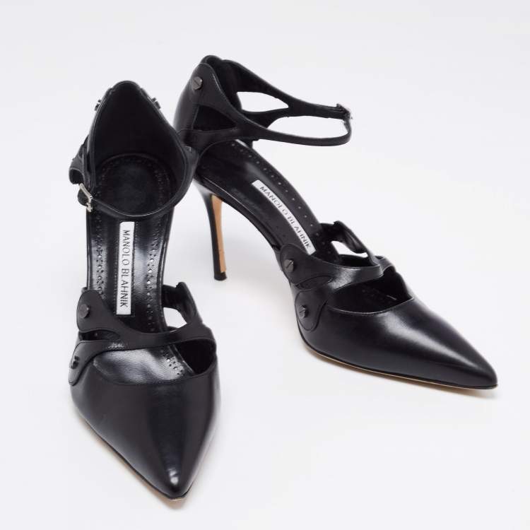 Pre Owned Manolo Blahnik Black Leather Pointed Toe Ankle Strap Sandals Size 40.5