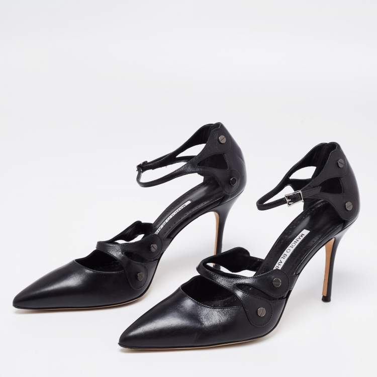 Pre Owned Manolo Blahnik Black Leather Pointed Toe Ankle Strap Sandals Size 40.5