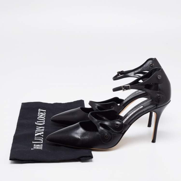 Pre Owned Manolo Blahnik Black Leather Pointed Toe Ankle Strap Sandals Size 40.5