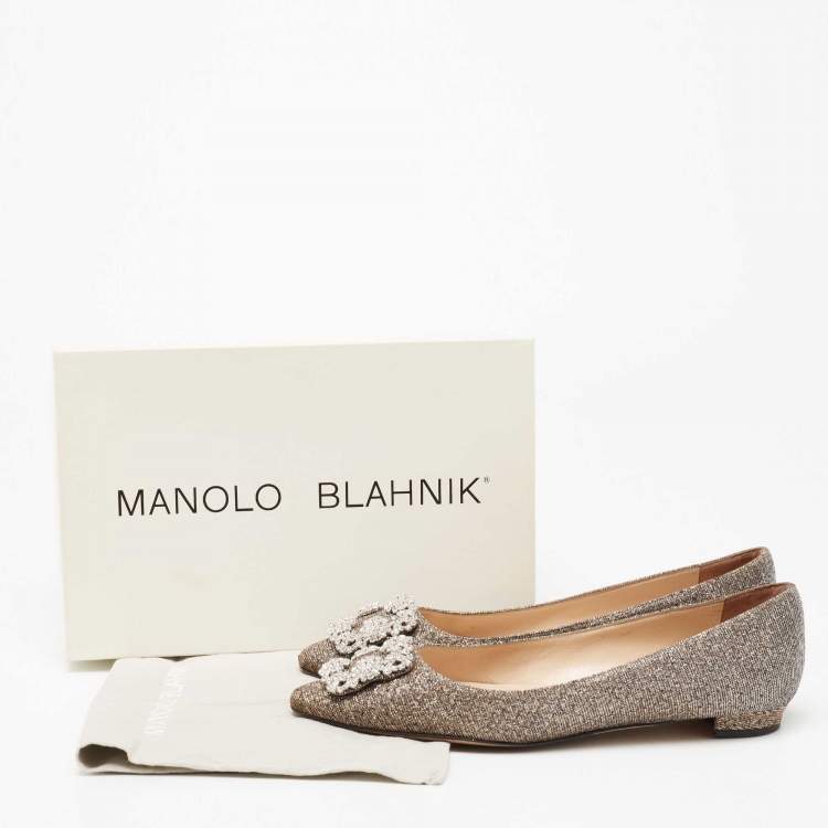 Pre Owned Manolo Blahnik Metallic Gold Lurex Fabric Hangisi Crystal Embellishments Ballet Flats Size 39.5