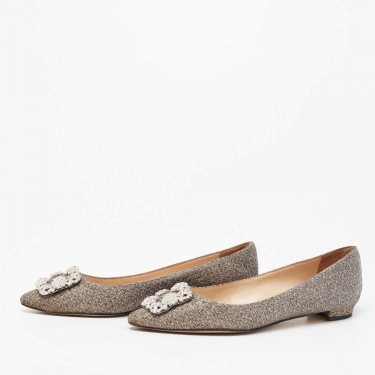 Pre Owned Manolo Blahnik Metallic Gold Lurex Fabric Hangisi Crystal Embellishments Ballet Flats Size 39.5
