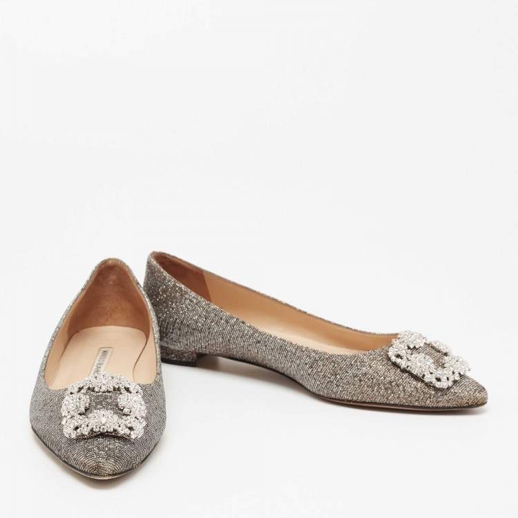 Pre Owned Manolo Blahnik Metallic Gold Lurex Fabric Hangisi Crystal Embellishments Ballet Flats Size 39.5