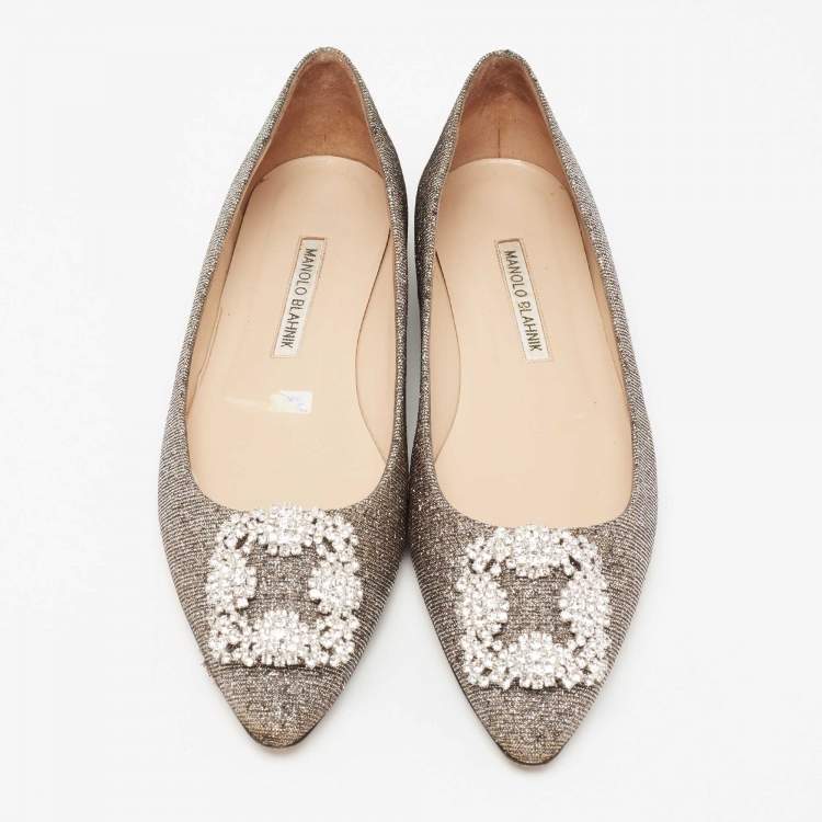 Pre Owned Manolo Blahnik Metallic Gold Lurex Fabric Hangisi Crystal Embellishments Ballet Flats Size 39.5