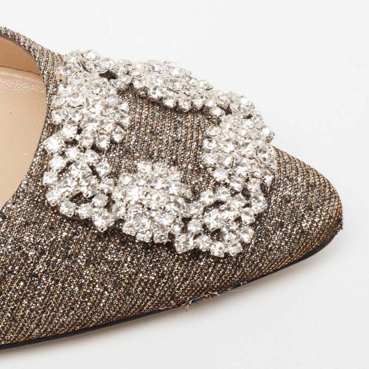 Pre Owned Manolo Blahnik Metallic Gold Lurex Fabric Hangisi Crystal Embellishments Ballet Flats Size 39.5