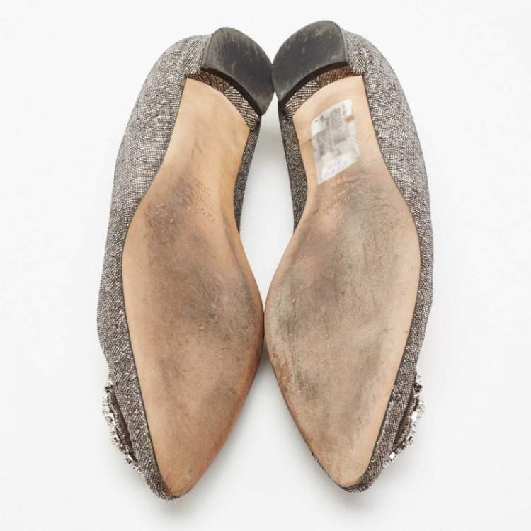 Pre Owned Manolo Blahnik Metallic Gold Lurex Fabric Hangisi Crystal Embellishments Ballet Flats Size 39.5