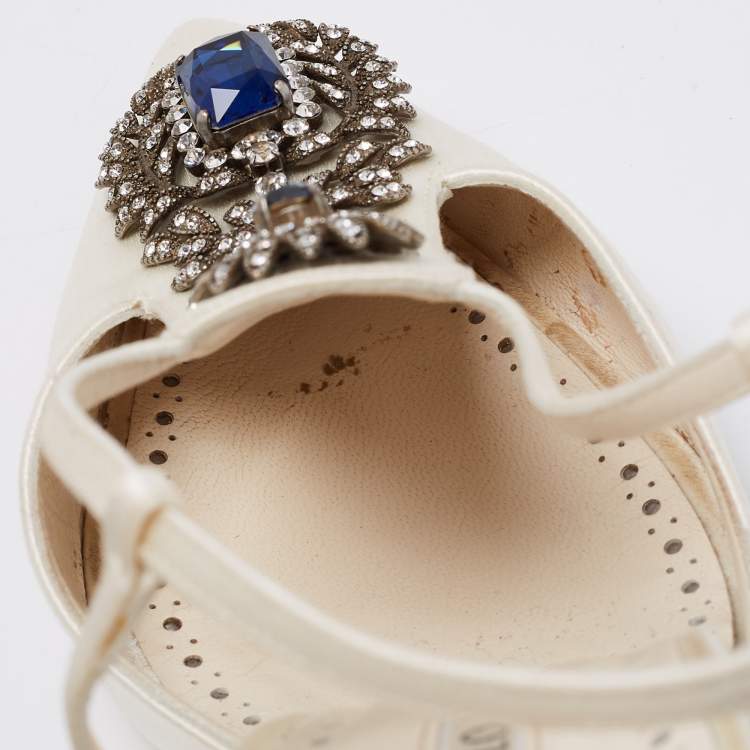 Pre Owned Manolo Blahnik White Satin Crystal Embellished Jamala Ankle Strap Sandals Size 39