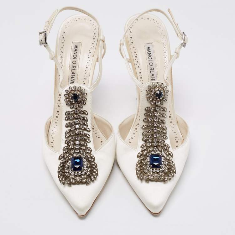 Pre Owned Manolo Blahnik White Satin Crystal Embellished Jamala Ankle Strap Sandals Size 39