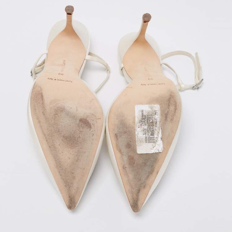 Pre Owned Manolo Blahnik White Satin Crystal Embellished Jamala Ankle Strap Sandals Size 39