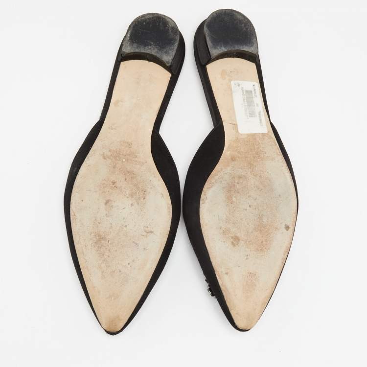 Pre Owned Manolo Blahnik Black Satin Hangisimu Flats Size 39.5