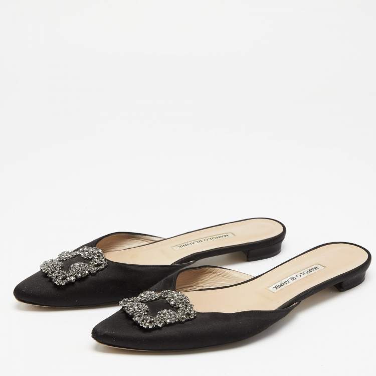 Pre Owned Manolo Blahnik Black Satin Hangisimu Flats Size 39.5
