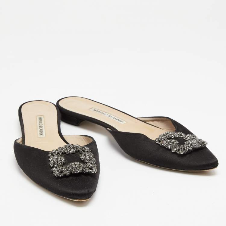 Pre Owned Manolo Blahnik Black Satin Hangisimu Flats Size 39.5