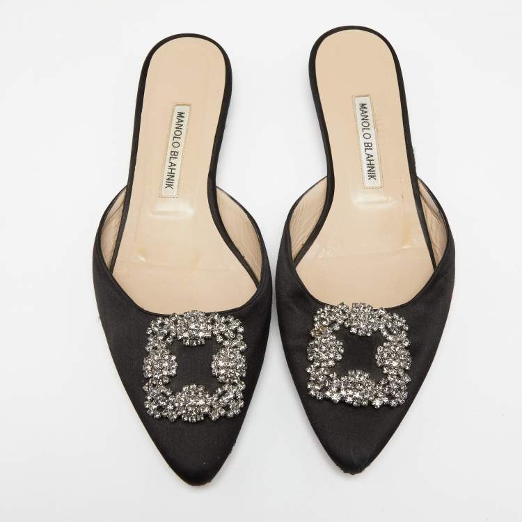 Pre Owned Manolo Blahnik Black Satin Hangisimu Flats Size 39.5