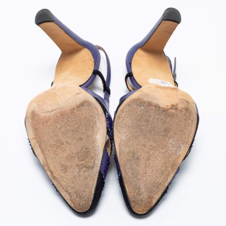 Pre Owned Manolo Blahnik Blue/Black  Leather And Suede Barrie Spectator Slingback Sandals Size 40
