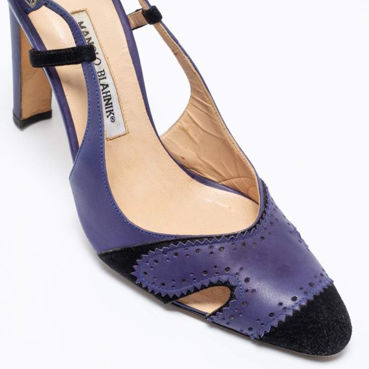 Pre Owned Manolo Blahnik Blue/Black  Leather And Suede Barrie Spectator Slingback Sandals Size 40