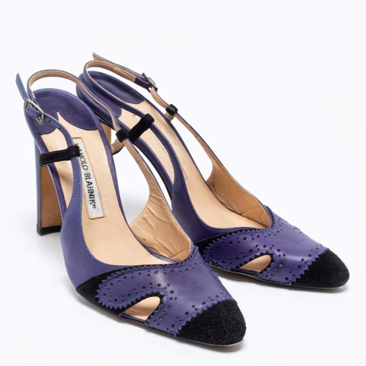 Pre Owned Manolo Blahnik Blue/Black  Leather And Suede Barrie Spectator Slingback Sandals Size 40