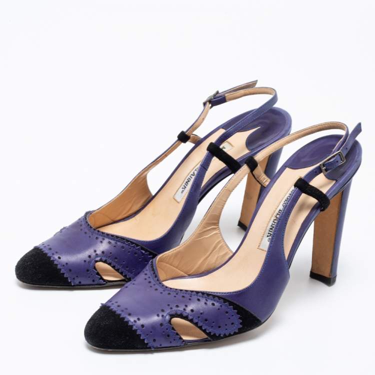 Pre Owned Manolo Blahnik Blue/Black  Leather And Suede Barrie Spectator Slingback Sandals Size 40