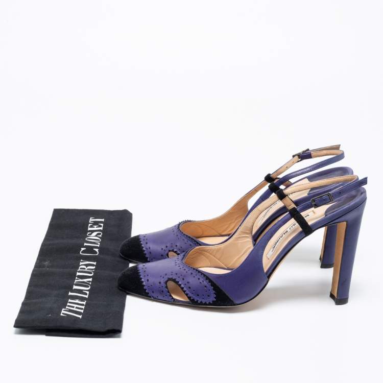 Pre Owned Manolo Blahnik Blue/Black  Leather And Suede Barrie Spectator Slingback Sandals Size 40