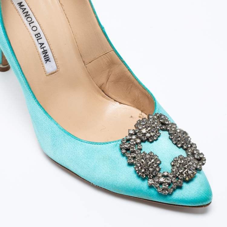 Pre Owned Manolo Blahnik Blue Satin Jewel Buckle Hangisi Pumps Size 38.5