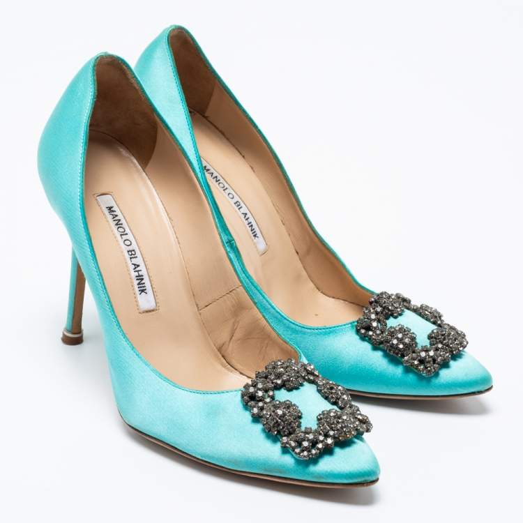 Pre Owned Manolo Blahnik Blue Satin Jewel Buckle Hangisi Pumps Size 38.5