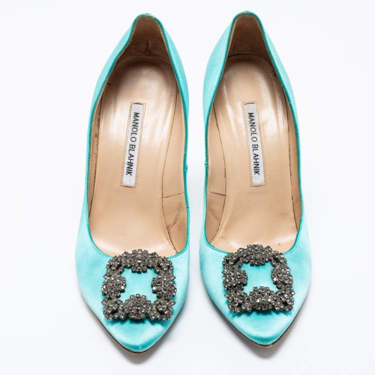 Pre Owned Manolo Blahnik Blue Satin Jewel Buckle Hangisi Pumps Size 38.5