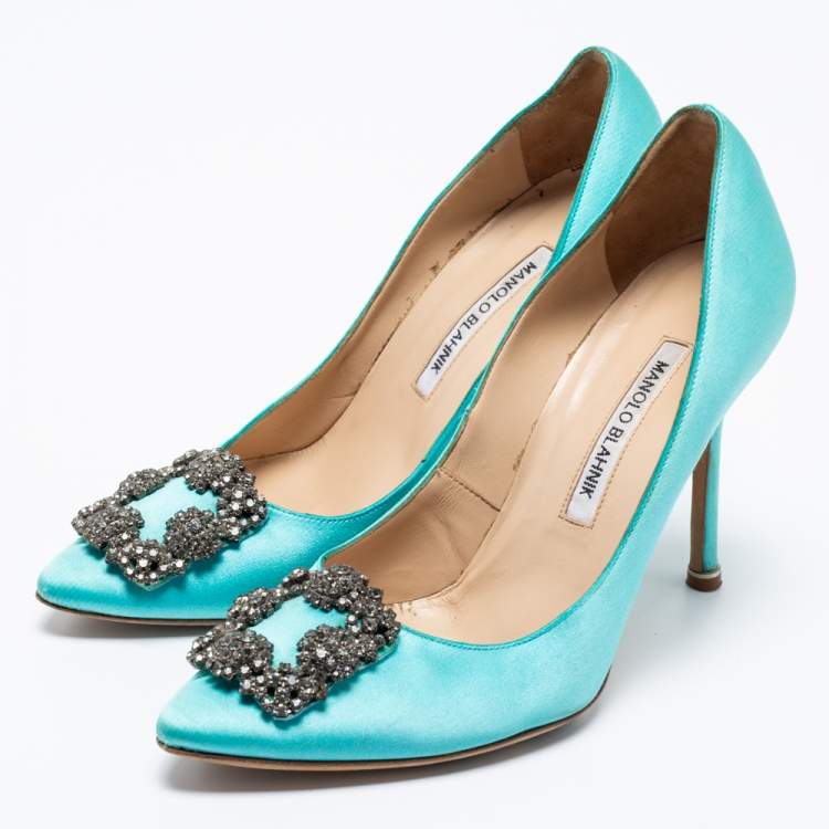 Pre Owned Manolo Blahnik Blue Satin Jewel Buckle Hangisi Pumps Size 38.5