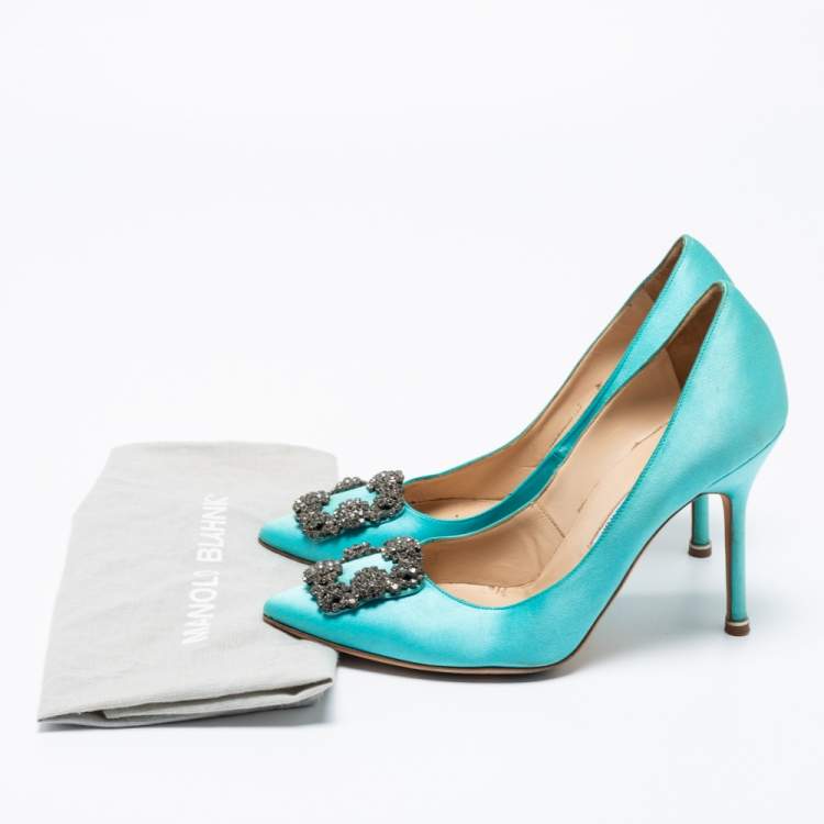 Pre Owned Manolo Blahnik Blue Satin Jewel Buckle Hangisi Pumps Size 38.5