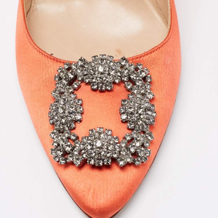 Pre Owned Manolo Blahnik Orange Satin Hangisi Pumps Size 40.5