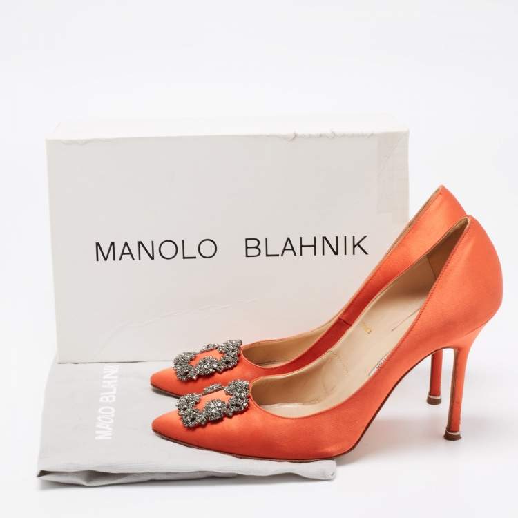 Pre Owned Manolo Blahnik Orange Satin Hangisi Pumps Size 40.5