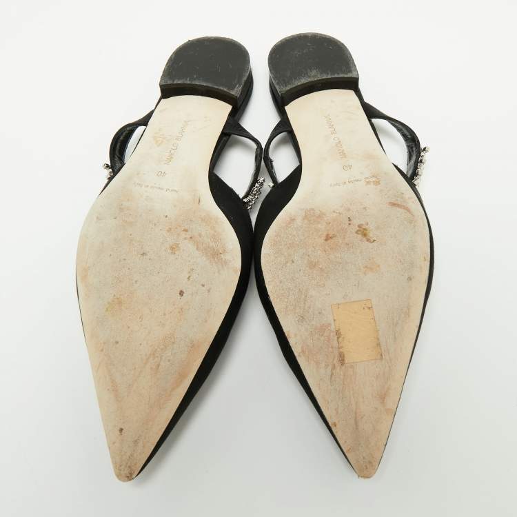 Pre Owned Manolo Blahnik Black Satin Lutara Flat Sandals Size 40 