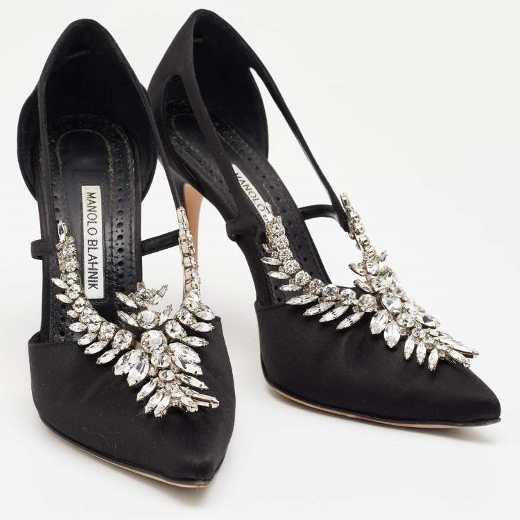 Pre Owned Manolo Blahnik Black Satin Lala Embellished Pumps Size 38.5