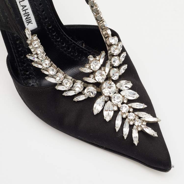 Pre Owned Manolo Blahnik Black Satin Lala Embellished Pumps Size 38.5