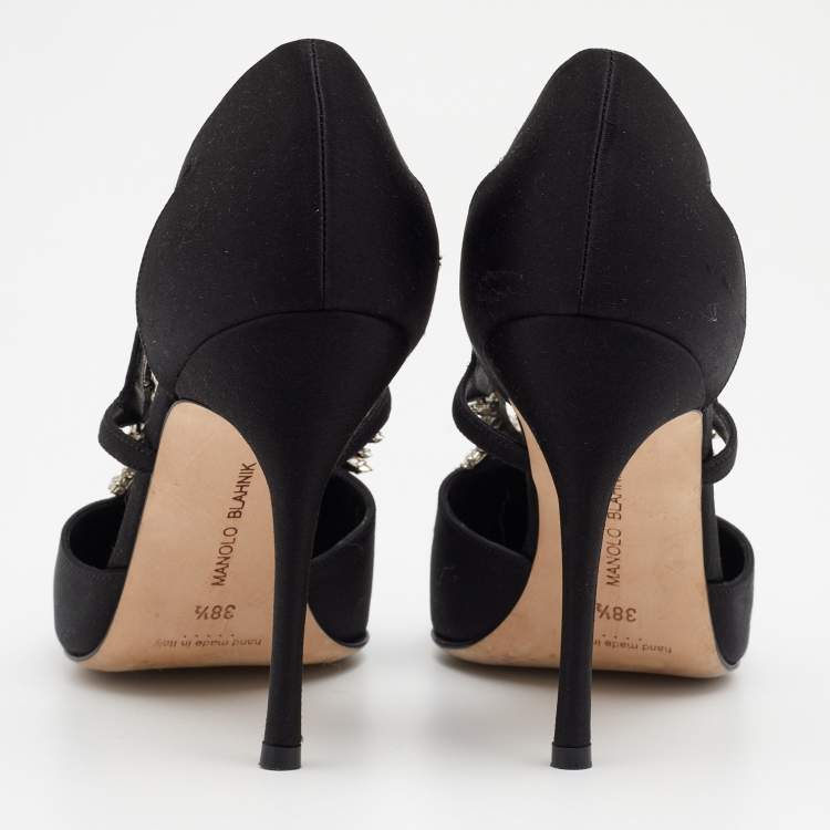 Pre Owned Manolo Blahnik Black Satin Lala Embellished Pumps Size 38.5